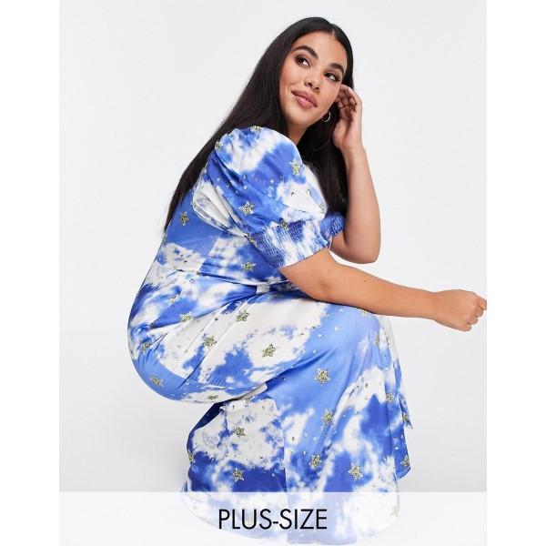 堅実な究極の ワンピース レディース Plus Dressed Fully Never ネバーフリードレス ミドル丈 Print Sky Blue Star Gold In Dress Midi Button Sleeve Puff ワンピース サイズ Uk22 Captains Agency