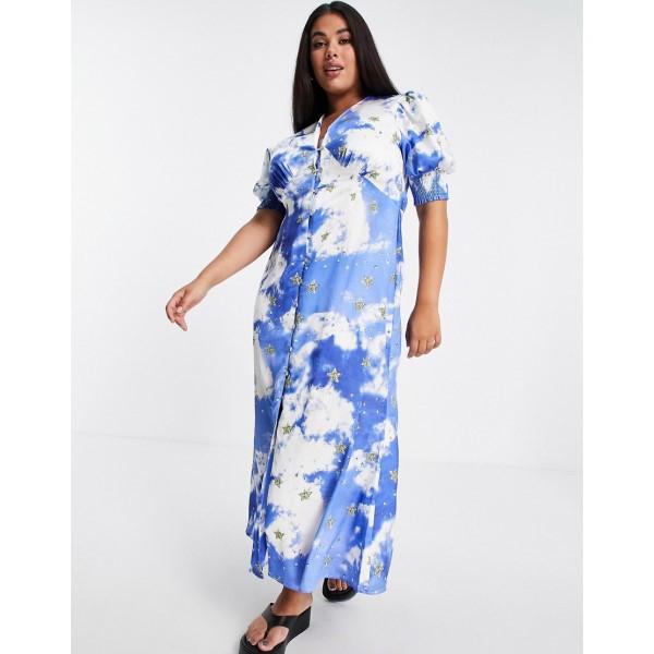 堅実な究極の ワンピース レディース Plus Dressed Fully Never ネバーフリードレス ミドル丈 Print Sky Blue Star Gold In Dress Midi Button Sleeve Puff ワンピース サイズ Uk22 Captains Agency