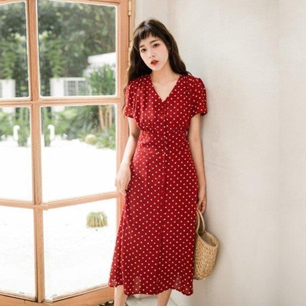 ワンピース レディース ドットワンピース ロング レトロ 半袖 ドット柄 レトロデザインかわいい 水玉柄赤 サマーワンピース 定番デザイン Nz Dx23 Fevstyle 通販 Yahoo ショッピング