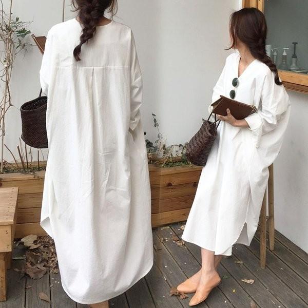 ロングワンピース ワンピース レディース オシャレ シャツワンピース 膝下 白ワンピース 韓国風 大きいサイズ ｖネック 30代 40代 Ff Gnzwa851 ベーカリー 通販 Yahoo ショッピング