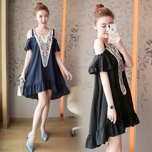 半袖 刺繍ワンピース ミモレ丈 袖なし シフォン 夏ワンピ 膝下丈 マタニティ 妊婦服 産前産後ウェア 肩露出 マキシ丈 夏ワンピ レディース ワンピース Sagaretxe Net