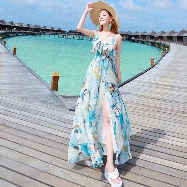 マキシワンピ マキシ丈ワンピース 夏ワンピ リゾート ハイウエストでデコルテ部分が綺麗に見えるシフォン素材マキシワンピ 水色 ボヘミアン ドレス ハワイ Vin Rzmjt645 ベーカリー 通販 Yahoo ショッピング