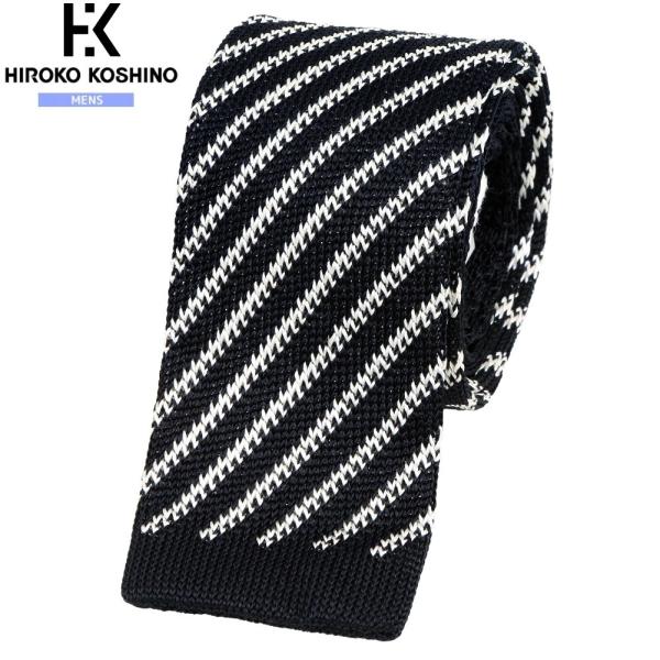 訳あり商品 ヒロココシノオム ニットタイ HIROKO KOSHINO HOMME メンズ ブランド チーフ付き レジメンタル 黒 2901BF 送料無料