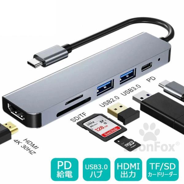 6in1 Type-C ハブ Type-C to USB3.0 変換アダプタ 高速USB 3.0充電 データ転送 コンパクト Windows/Macなど対応 TF/SD対応 HDMI出力 6ポート拡張