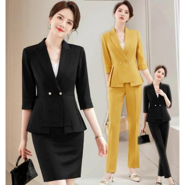 レディーススーツセット ジャケット+スカート/パンツ２点セット 女性 ビジネススーツ スカートスーツ五分袖丈 3色 シンプル オフィス 通勤 就活 面接 事務服 制