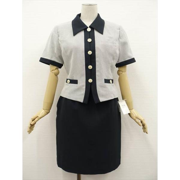 新品タグ付 フォーク FOLK 洗える半袖ジャケット+ひざ丈タイトスカート 春夏スーツ上下2点セット 9号 ネイビー ホワイト ネイビー