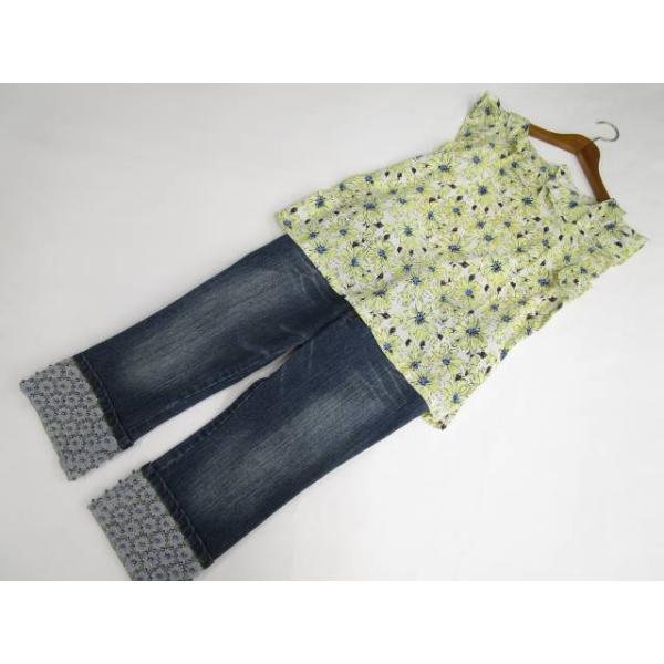 LOWRYS FARM等 ノースリーブブラウス+クロップドデニムパンツ コーデ2点セット M相当 白地黄 花/青＆水色 花 ガーリー・カジュアル系 20代〜