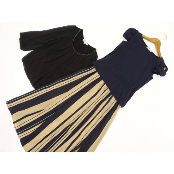 Rope Picnic等 半袖カットソー+長袖POブラウス+ロングスカート コーデ3点セット M 紺 黒 紺ベージュ ストライプ フェミニン・きれいめ系 20代〜40代