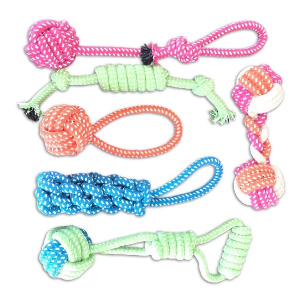 入り数：6個素材：天然コットン100％素材はワンちゃんの歯と体の健康の事を考えて、硬すぎず柔らかすぎない天然コットンを100％使用して作りました。セット内容はワンちゃんと一緒に遊べる取手付きおもちゃが４種類と一人遊び用おもちゃが２種類の合計...