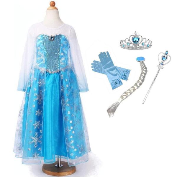 エルサ ドレス 子供 コスプレ 衣装 豪華５点 セット ( プリンセス ドレス,手袋,ウィッグ,ティアラ,ステッキ ) 100 110 120 130 140 CREDIBLE