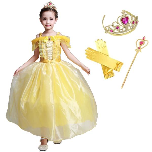 〜商品名〜美女と野獣 ベル ドレス コスチューム 豪華４点セット  ( プリンセスドレス , リボン付グローブ, ハートのティアラ, 魔法のステッキ)〜仕様〜大人気ディズニー映画『美女と野獣』主人公ベル風のとっても可愛いなりきりコスチューム...