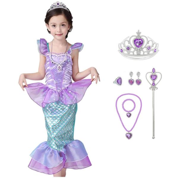 アリエル ドレス 子供 コスプレ 衣装 豪華７点 セット ( プリンセス ドレス,ティアラ,ステッキ,ネックレス,イヤリング,指輪,ブレスレット ) CREDIBLE