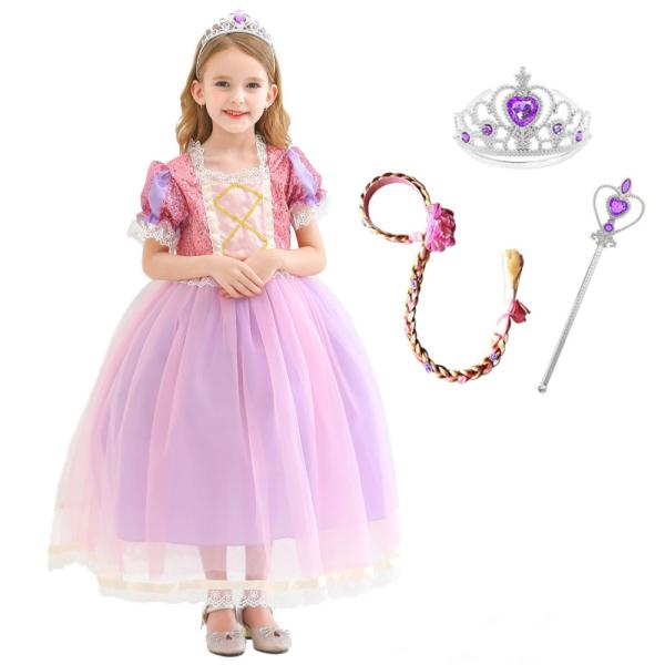ラプンツェル ドレス 子供 コスプレ 衣装 豪華４点 セット ( プリンセス ドレス,ウィッグ,ティアラ,ステッキ  ) 100 110 120 130 140   CREDIBLE