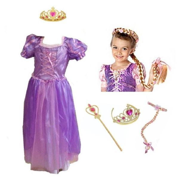 ラプンツェル ドレス 子供 コスプレ 衣装 豪華４点セット ( プリンセスドレス , お花付きウィッグ , ハートのティアラ , スティック  ) S M L   CREDIBLE