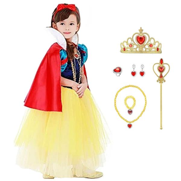 白雪姫 ドレス 子供 コスプレ 衣装 豪華９点 セット ( ドレス マント カチューシャ ティアラ ステッキ ネックレス イヤリング 指輪 など) 100 110 120 130 140