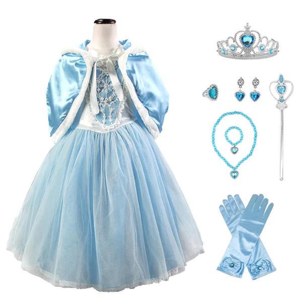 シンデレラ ドレス 子供 コスプレ 衣装 豪華９点 セット ( ドレス ケープ 手袋 ティアラ ステッキ ネックレス イヤリング 指輪 など ) 100 110 120 130 140