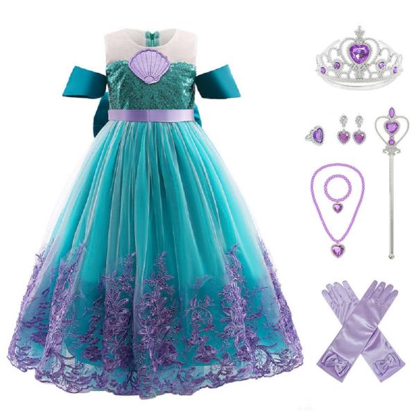 〜商品名〜リトルマーメイド アリエル ドレス コスチューム 豪華8点 セット ( プリンセスドレス , リボン付グローブ, ハートのティアラ , 魔法のステッキ , ネックレス , ブレスレット , イヤリング , 指輪 ) 〜仕様〜大人気...