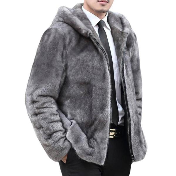 メンズ ファーコート 毛皮ジャケット ジップアップブルゾン グレー S-6XL フード付き ショートコート フェイクファー 男女通用 無地