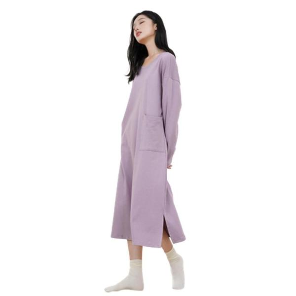ロング Tシャツ レディース ルームウェア 綿100 カップ付き ワンピース 長袖 ワンピパジャマ ラウンドネック プルオーバープル 膝丈