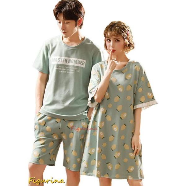 ジュタオピン ペア パジャマ カップル メンズ 上下 セット レディース ワンピース 部屋着 綿 ペアルック ルームウェア おしゃれ 半袖