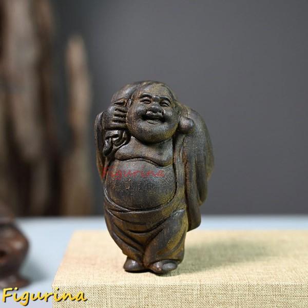 布袋様 小型 木彫り 沈香(じんこう) 稀少香木 木製仏像 金運 置物 高さ8cm