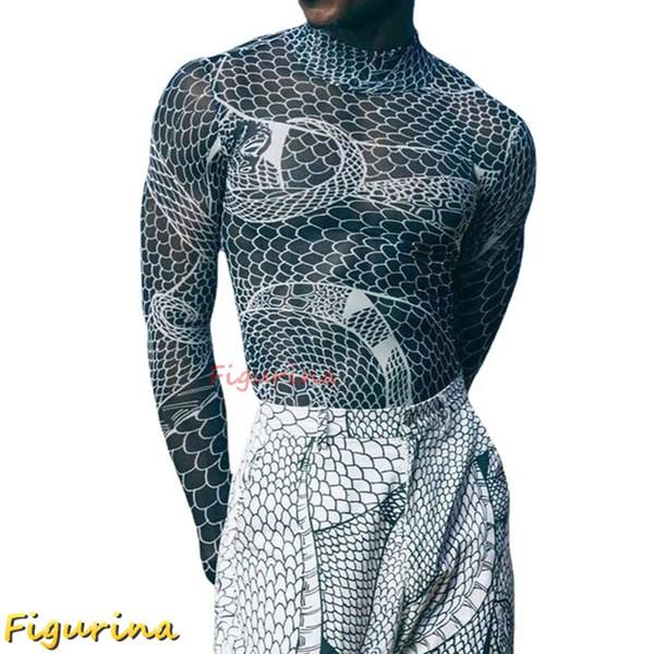 メンズシャツ Tシャツ 蛇柄 ヘビ タイツ 長袖 春服 夏着 ブルー 青 S