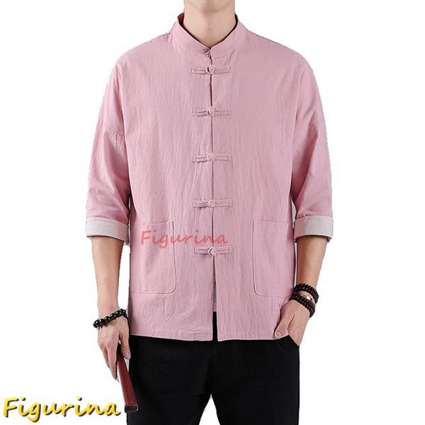 半袖シャツ 7分袖 M-5xl 中国風シャツ ピンク ユニセックス チャイナ風 メンズ レディース 綿麻シャツ 襟シャツ 開襟シャツ 夏