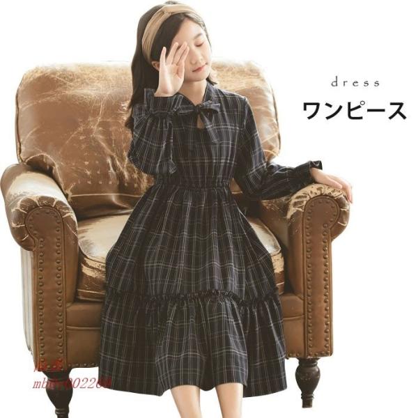 タータンチェック 薄手ゆったり 子供服 ティアードワンピース チェック柄 長袖 女の子 ボウタイ ワンピース ロングワンピース 女児 ティアード Sagaretxe Net