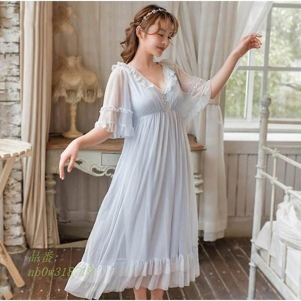 4色 新作 姫系 レディース ネグリジェ ロリータ ルームワンピース 夏 寝巻き 五分袖 ロング丈 レース ナイトウエア パジャマ フリル 春 Apaproduction Fr