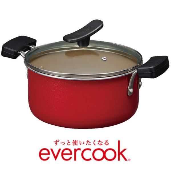 evercook エバークック 両手鍋 20cm レッド ガラス蓋付き EARY20RD IH