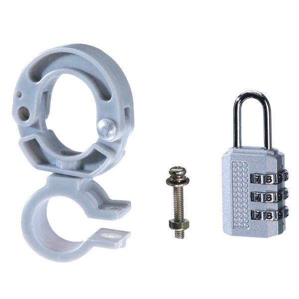 ■商品情報・ハンドルポストやハンドルバーに取り付けて、ヘルメットを保管できます。・ダイヤル式の南京錠がついているので、盗難防止にもピッタリ！<材質>・ホルダー：本体/ポリプロピレン・鍵：本体/亜鉛合金 　　　ツル/鉄