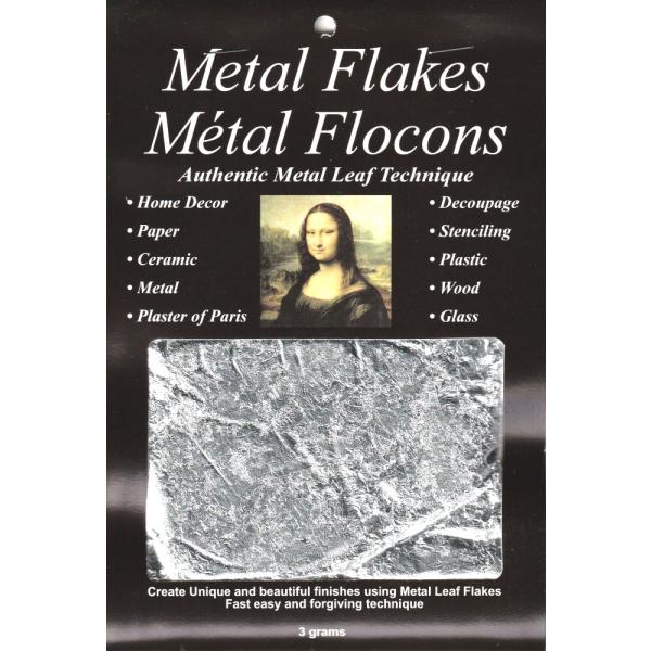 ☆シルバー3g☆メタルリーフのフレーク状（細切れ状）。濃い色の下地カラーを塗って、わざとつぎはぎに貼り付けてブラシで削ってアンティーク調に仕上ることも出来ます。☆メタルリーフ フレークシルバーは、あなたのクラフト作品に輝きをプラスするアイテ...