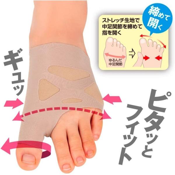 お医者さんの外反母趾サポーター ピタ肌 Mサイズ・左足用。足を左右から締め付けることで指が自然と開く原理を応用。履くと自然と親指が開きます。さらに足裏パットで横アーチをキープ。本体生地はシームレス下着に使われている素材で足の動きに合わせて伸...