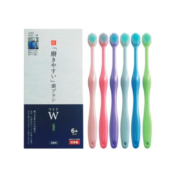 職人考案の６列植毛『W（ワイド）』”薄型・先細形状のヘッドに外側と内側で異なる硬さの毛をぎっしり植毛【職人のこだわり】●薄型＆先細形状ワイドヘッドで効率良く奥歯までスムーズに磨ける●外側のやわらかめの毛で歯と歯ぐきをやさしくケア、 内側はコ...