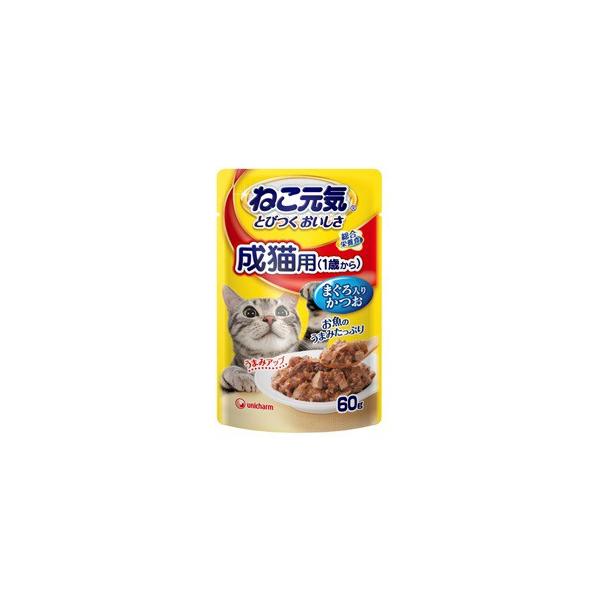 ユニ・チャーム ねこ元気 総合栄養食パウチ 成猫用 1歳から まぐろ入りかつお 60g猫用 キャットフード ×12袋