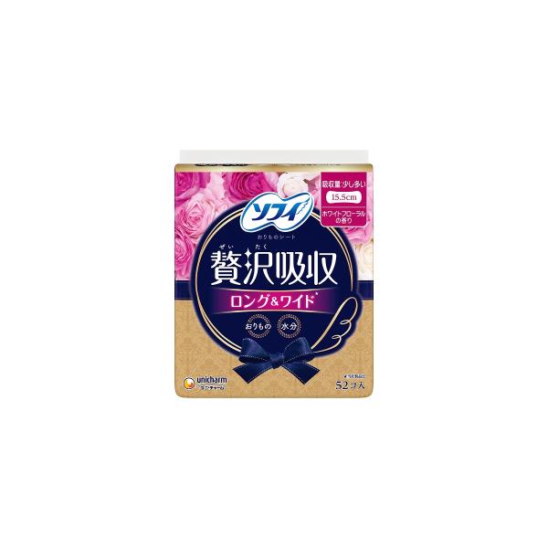 「3倍*1吸収シート」搭載で、おりものも水分も吸収し、さらさらキレイ！　*1：当社製品比 デオドラント*2だからニオイ気にせず快適。*2：消臭するポリマーによるアンモニアに対する消臭効果 薄さ約2ミリ、快適なつけ心地 「ホワイトフローラルの...