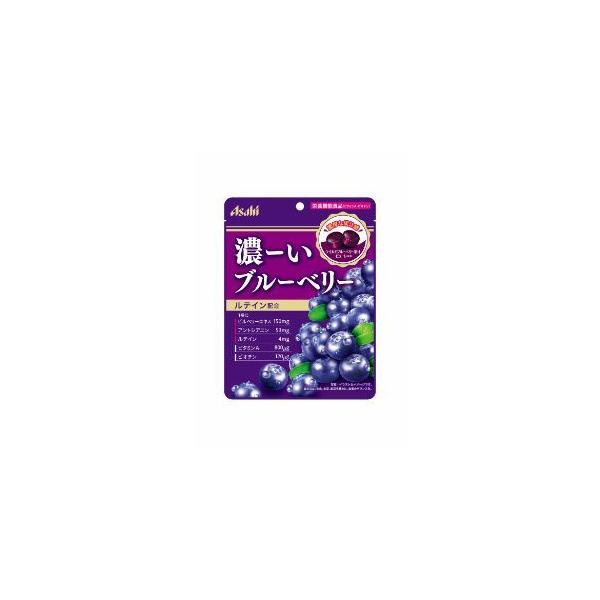ワイルドブルーベリー果汁とピューレを使用した濃厚な味わいのキャンディ。1袋にルテイン4mg、ビルベリーエキス150mg、アントシアニン53mg入り。栄養機能食品（ビタミンＡ・ビオチン）。