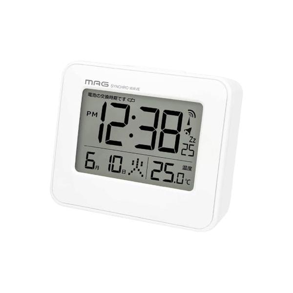MAG(マグ) 目覚まし時計 めざまし時計 電波時計 置き時計 小型 小さい デジタル 温度計 カレンダー 電子音 アラーム スヌーズ ライト ホワイト 縦約6
