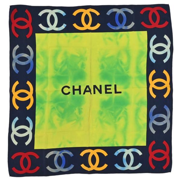 CHANEL シャネル スカーフ チェーン柄 ココマーク グリーン ゴールド CHANEL（シャネル） 【中古】シャネル スカーフ タイダイ柄 ココマーク