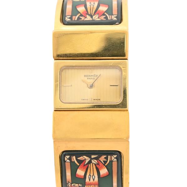 【中古】エルメス ロケ バングルウォッチ 腕時計 L01.201 クォーツ 馬柄 七宝焼き 2針 稼働 Aランク he4542jk