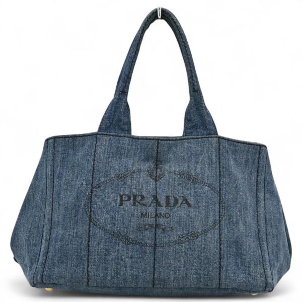 極美品PRADA デニム トートバッグ PRADA プラダ デニム カナパ トートバッグ ブルー × ゴールド A