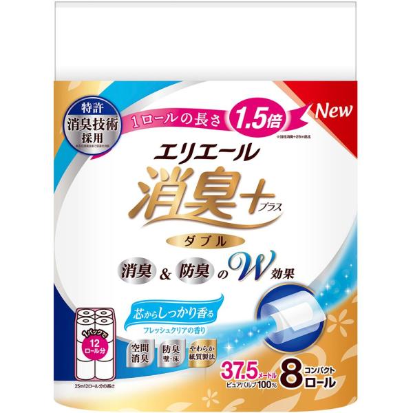 他サイト： 大王製紙 エリエール消臭+トイレットナチュラルクリア消臭プラスダブル [単品内容量/8個]の商品画像