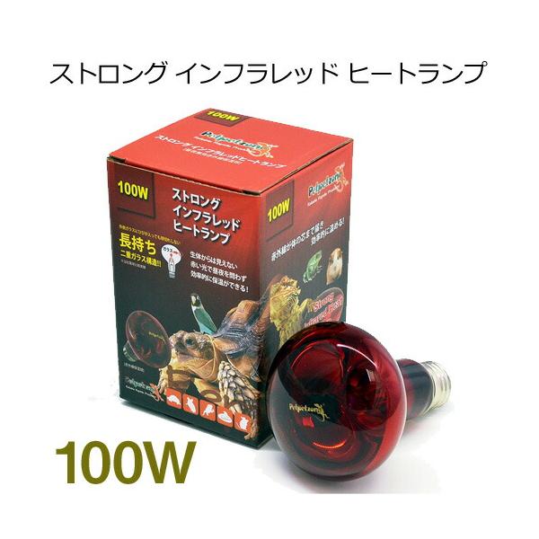 ペットペットゾーン　ストロング インフラレッド ヒートランプ　100W『特長』爬虫類、両生類、鳥類、小動物に使用でき、生体に見えない 光で昼夜を問わず24時間保温できます。狭い範囲に熱を照射し、効率的にゲージの下部まで温め、温度差を作ること...
