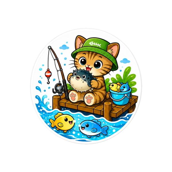 釣り猫ステッカー 茶トラネコ＆フグ Sサイズ（約3.5cm）TS-247｜アニマルシリーズ｜防水加工｜日本製｜メール便可 (SP)