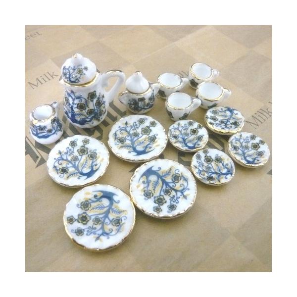 1/12ミニチュア陶器セット 藍/金花柄ティーセットB /メール便対応可