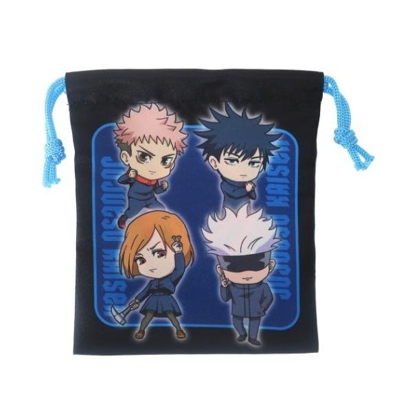 呪術廻戦から巾着が登場！虎杖悠仁・伏黒恵・釘崎野薔薇・五条悟がデザインされたデフォルメブルー。背面には「東京都立呪術高等専門学校 校章」がプリント☆SIZE:約180mm×210mm素材・成分：ポリエステル100％※製造上若干の傷汚れほつれ...