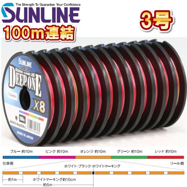 サンライン（SUNLINE） ディープワン×8 (3号 52LB) 100m連結糸 5色分け