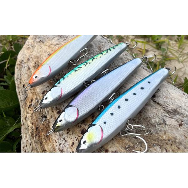 DEATH FLUTTR〓165は飛距離と食わせの1本!特にベイトが小さい時、カタクチイワシなどを捕食しているときに活躍/水面と水面直下での平打ちアクションが決め手。フックサイズを変える事で食い渋った下のレンジ攻略が可能になります。信頼のお...