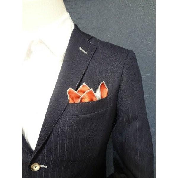ポケットチーフ 結婚式 ワンタッチ ブランド フィックスポン fixpon メンズ クラッシュ 博多織 オレンジ無地 パイピング：グレー 送別 パーティー 送料無料