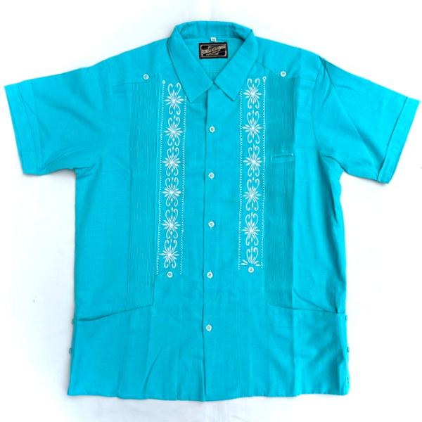 サイズ42 Estrella Standard キューバシャツ S/S GUAYABERA REJILLADA 半袖シャツ ターコイズ色 民族シャツ